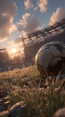 Dreamy Soccer Ball on Grass Field at Sunset - Enchanted Sports Landscape in Autumn's Golden Hour