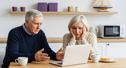 Anxious senior couple looking at a laptop screen while facing a financial problem in their kitchen.