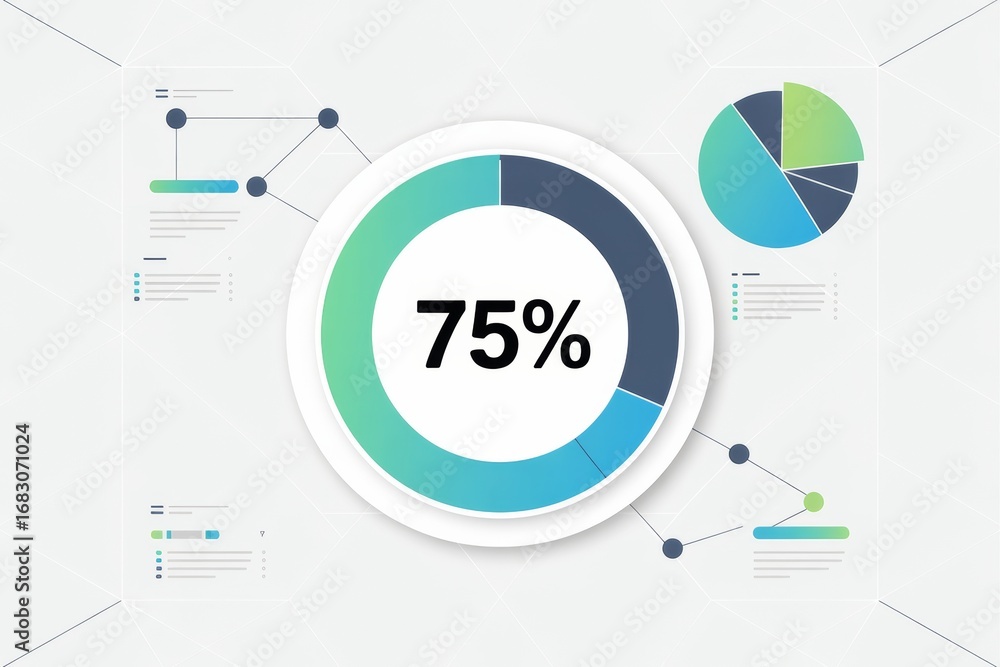 Poster circular progress chart showing 75 percent with pie graph and data lines on abstract light backgroun