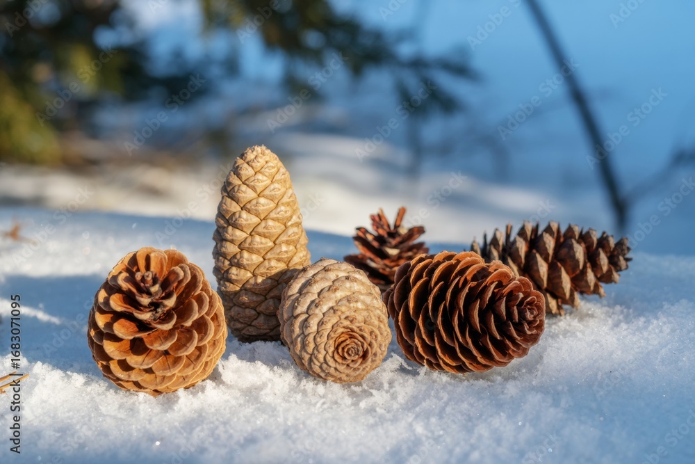 Poster assorted pine cones on snow in sunlight with soft blue background and forest shadows creating a calm