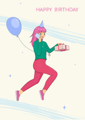 Colorful illustration of a young woman with pink hair holding a gift and a blue balloon, wearing a birthday hat while talking on the phone.