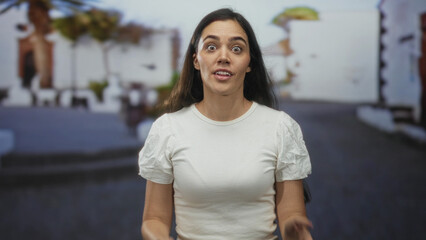 Young woman presses palms to cheeks in candid moment on busy street with blurred buildings behind;...