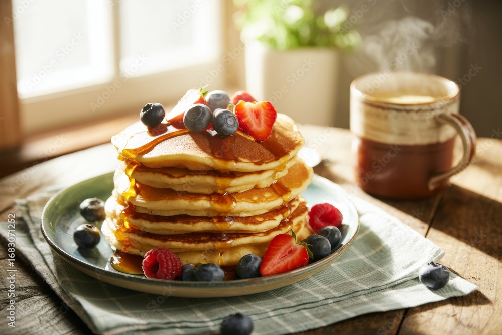 Poster stack of pancakes with berries and syrup on rustic wooden table in morning light, next to steaming c