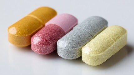 Four oblong pastelcolored pills lie in a row on a reflective white surface