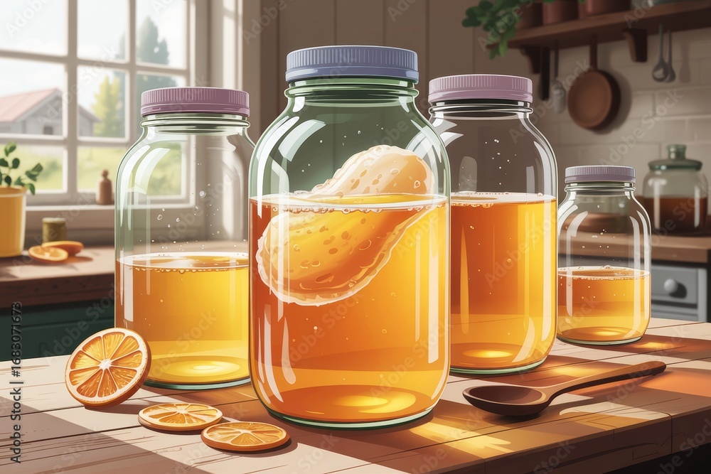 Poster fermentation jars with kombucha and scoby on rustic kitchen table with warm morning light and countr