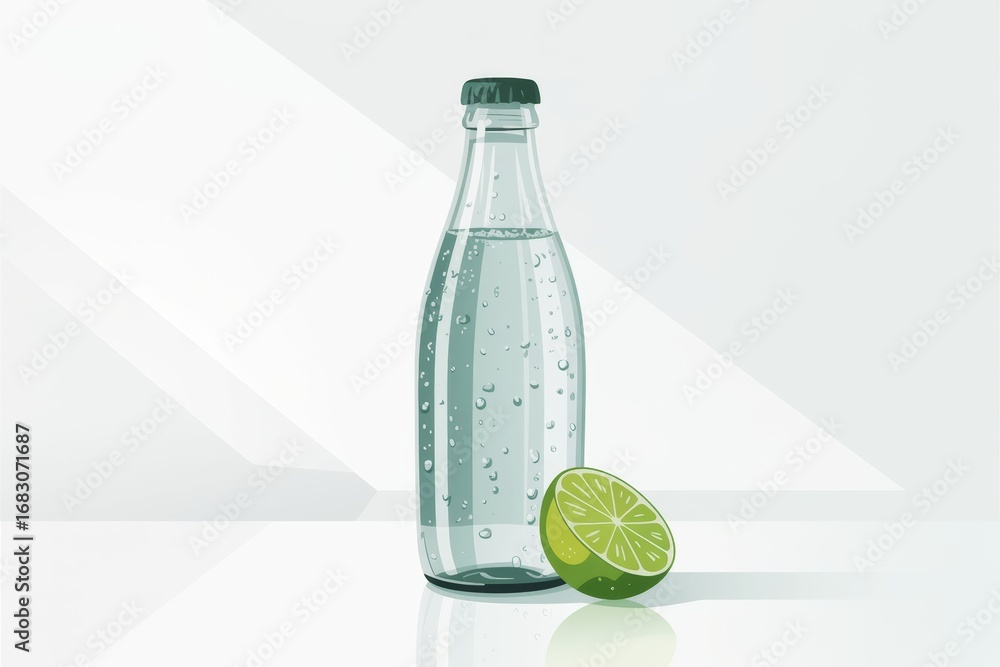 Poster sparkling water bottle with lime slice on glossy surface in bright abstract interior with soft light