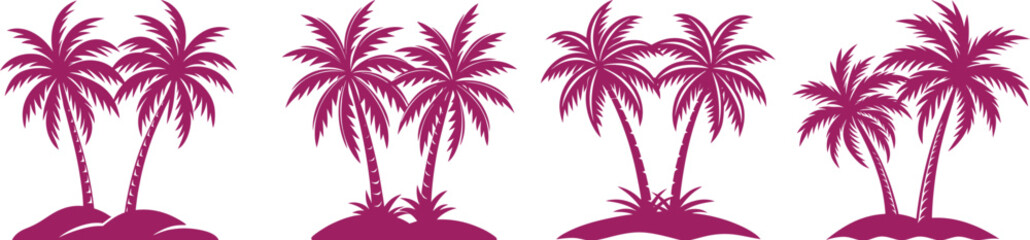 Abstract pink background with a tropical island silhouette featuring a palm tree under a summer sunset
