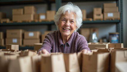 Happy senior woman volunteering at food bank, packing grocery bags with smile