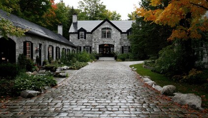 A stately, stone-faced estate with a cobblestone driveway winds through lush landscaping.