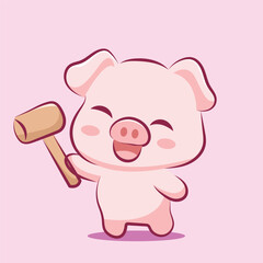 kawaii Piglet bring a hammer Cute Cartoon Animal Emotions
