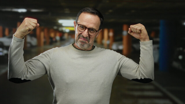 Elderly hispanic man confidently flexes both arms while standing in an indoor parking lot, showcasing strength and determination.