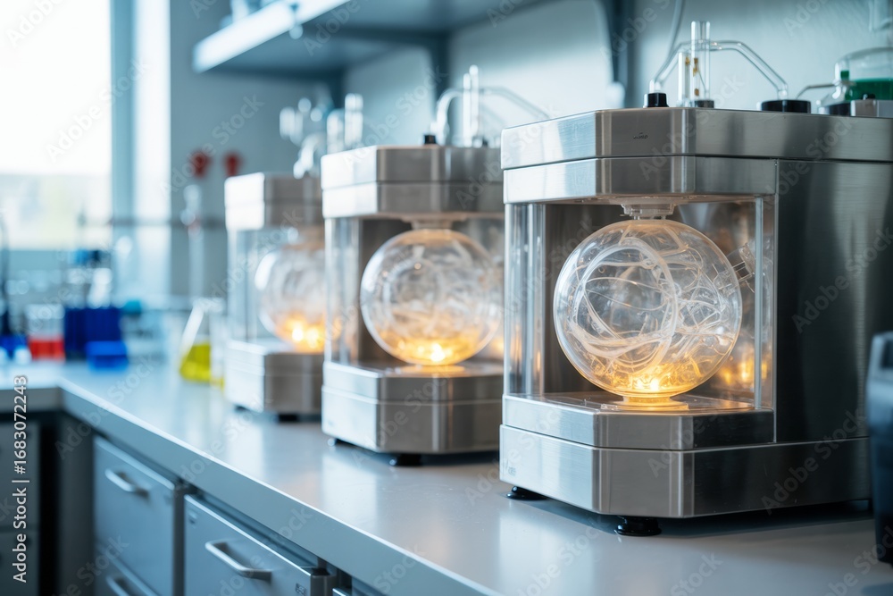 Poster futuristic laboratory devices with glowing spherical chambers emitting soft light on a clean workben