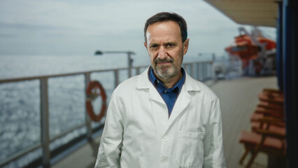 Hispanic man wearing a white coat stands on a seaside boat deck, displaying a defensive expression...