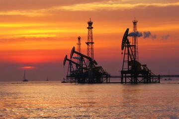 Obraz premium Offshore oil rig silhouettes with smoke and pumpjacks during a vivid orange and red ocean sunset background with boats in the distance. Ai generative