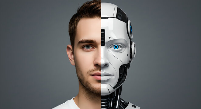 A man's face half human, half robot, representing artificial intelligence and human connection. Future technology concept.