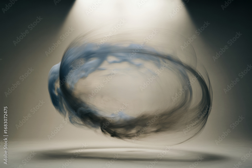 Poster abstract swirling smoke shape suspended under spotlight on neutral background, creating an artistic 