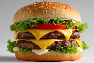Halal beef burger with two patties, melted cheese layers, lettuce, tomato, and mayo, plain light background, sharp detail 