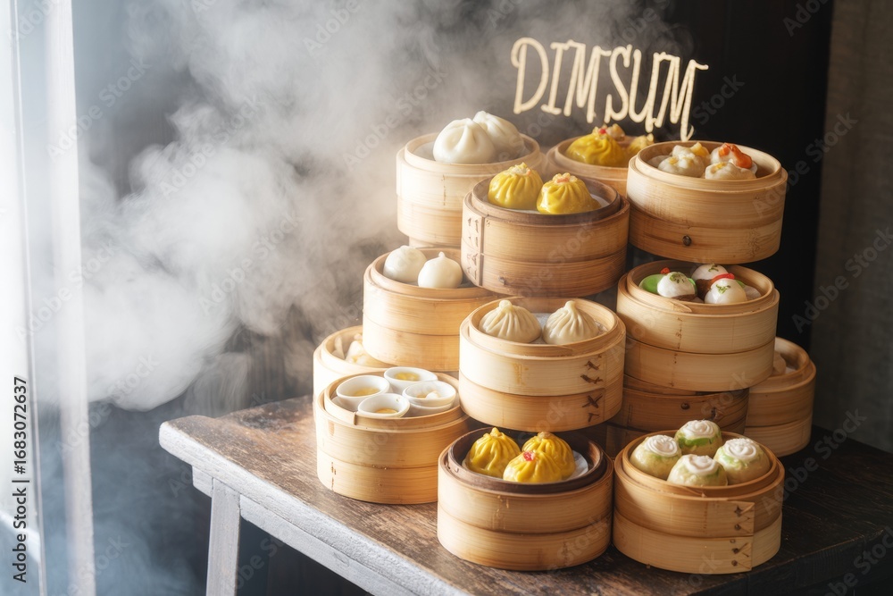 Poster assorted dim sum in bamboo steamers stacked on wooden table with steam in warm light and dark backgr