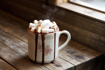 Obraz premium Hot chocolate with marshmallows in a floral mug on rustic wooden table with natural light and cozy background near window. Ai generative. Ai generative