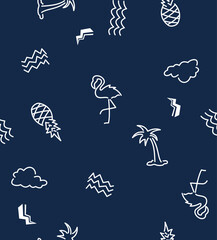patrón tropical minimalista con flamencos, palmeras y piñas sobre fondo azul marino
