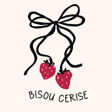 bisou cerise strawberry cherie bow ribbon vector print background 