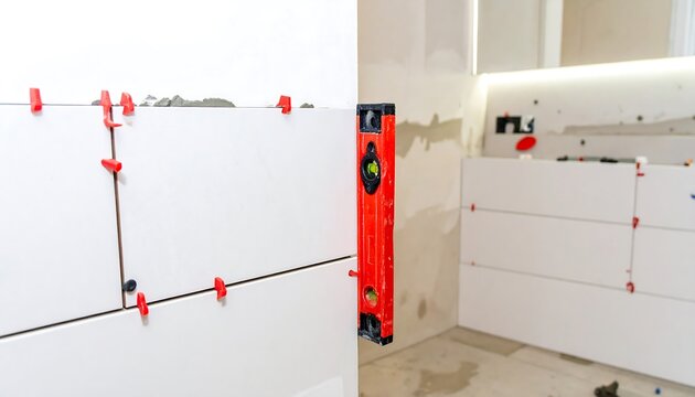 White tiles being installed in a room