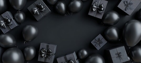 Black friday sale background with gifts and balloons for promotion and shopping template hundred characters