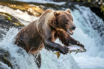 Brown bear catching fish mid-action in cascading river with dramatic water splash and forest background under natural daylight conditions. Ai generative