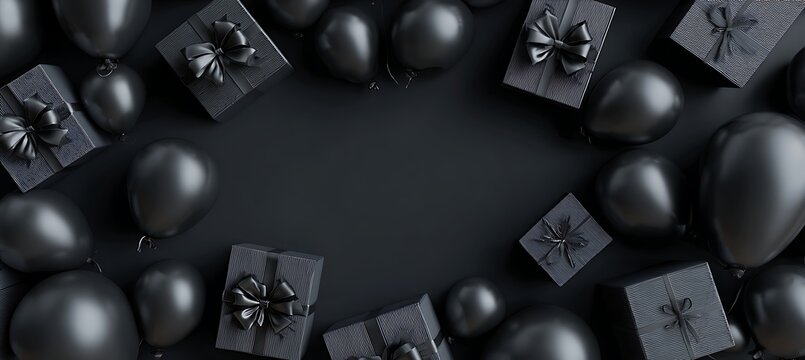 Black friday sale background with gifts and balloons for promotion and shopping template hundred characters