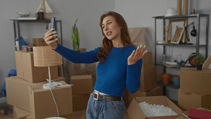 Woman in blue sweater conducting a video call showcasing her new apartment surrounded by moving...