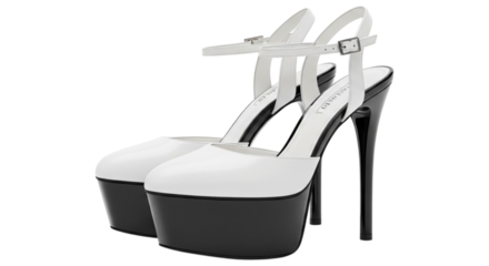 A pair of black and white platform high-heels with thin ankle straps, photographed against a neutral background.