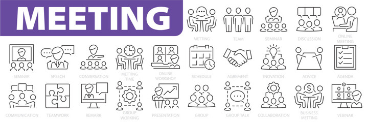 Meeting line icon set. Conference, seminar, team, group, business meeting, presentation, assembly, agreement, teamwork and more. Vector illustration