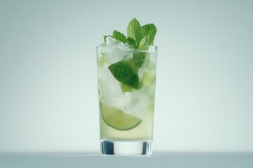 A refreshing cocktail in a tall glass, filled with ice, lime wedges, and fresh mint sprigs. The pale green liquid is subtly illuminated against a muted blue background