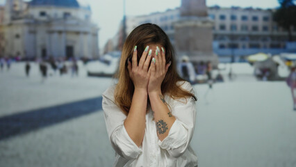 Woman in san pedro square, vatican, captured outdoors appearing distressed, with iconic...