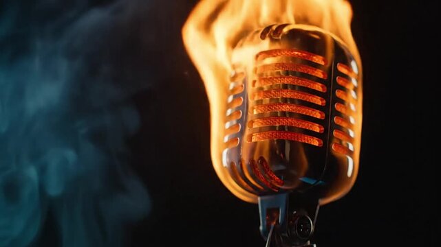 Flaming vintage microphone powerful broadcast