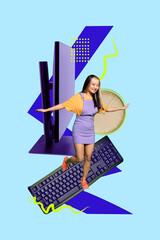 Artwork 3d banner pop photo collage of happy businesswoman businessman stand keypad alarm clock...