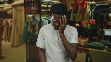 Obraz premium Man holds hand to temple in clothing store as he browses shelves and racks of apparel near wooden fixtures; stress.