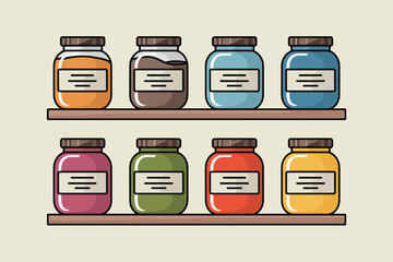 Eight colorful jars with labels on two wooden shelves against a light beige background illustration