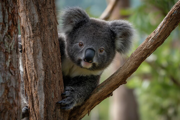 Fototapeta premium Koala bear standing a tree in the Australian bush, wolf, animal, white.