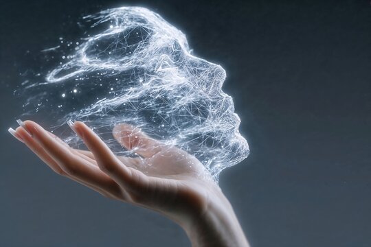 digital holographic ia face in a woman's hand, illustration of knowledge and intelligence at hand