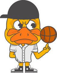 Cartoon duck character wearing a baseball cap and shirt, balancing a basketball on its finger with an angry expression.