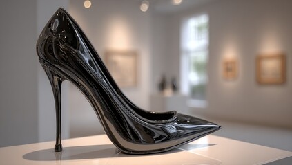 Polished black high-heeled shoe on white pedestal in art gallery