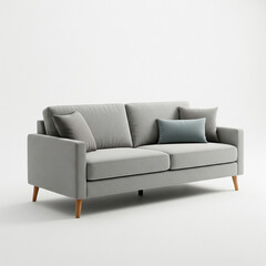 Fototapeta premium Modern grey sofa with wooden legs and decorative pillows in minimalist design, perfect for furniture advertising, lifestyle blogs, and interior design projects.