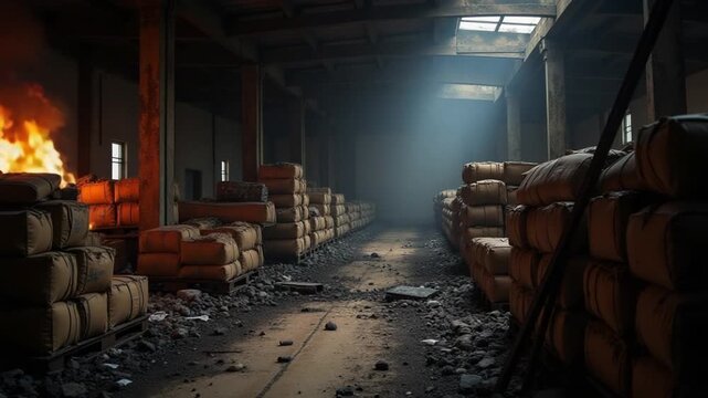 Burnt goods and equipment inside the warehouse. Destroyed logistics hub as a result of a rocket attack