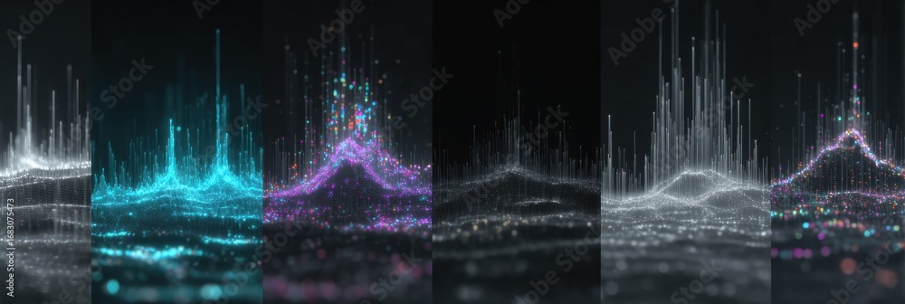 Poster vibrant sound waves rise and fall across multiple panels, showcasing vivid colors and intricate patt