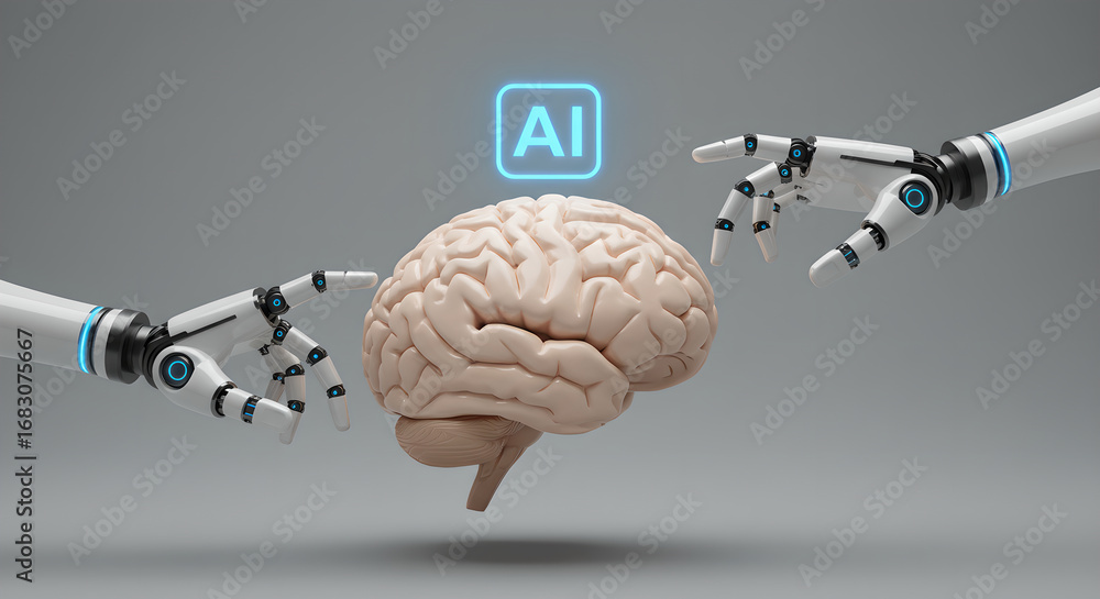 Aufkleber robotic hands reaching for a human brain with ai text above. artificial intelligence and human mind 