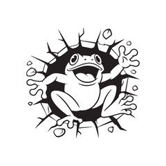 Cartoon Frog Breaking Through Wall – Black and White Vector Illustration, Fun Animal Mascot Design