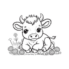 engraving vintage Cow Outline vector art illustration, old vintage Line art cut Cow drawing  design. Baby Cow Coloring page