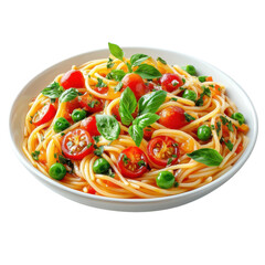 Delicious spaghetti primavera with fresh tomatoes peas and basil served in a white bowl against a for a vibrant and appetizing meal on transparent background