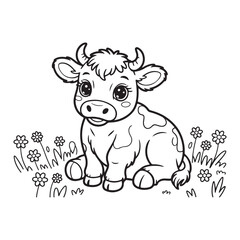 engraving vintage Cow Outline vector art illustration, old vintage Line art cut Cow drawing  design. Baby Cow Coloring page